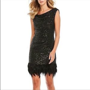 Alex Marie black sequined feather trim hem mini dress size 4